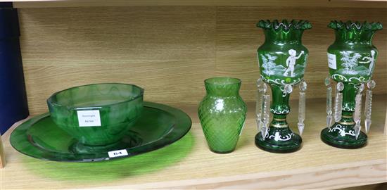 A pair of Victorian Mary Gregory green glass lustre vases and three other pieces of green glassware lustres 27cm